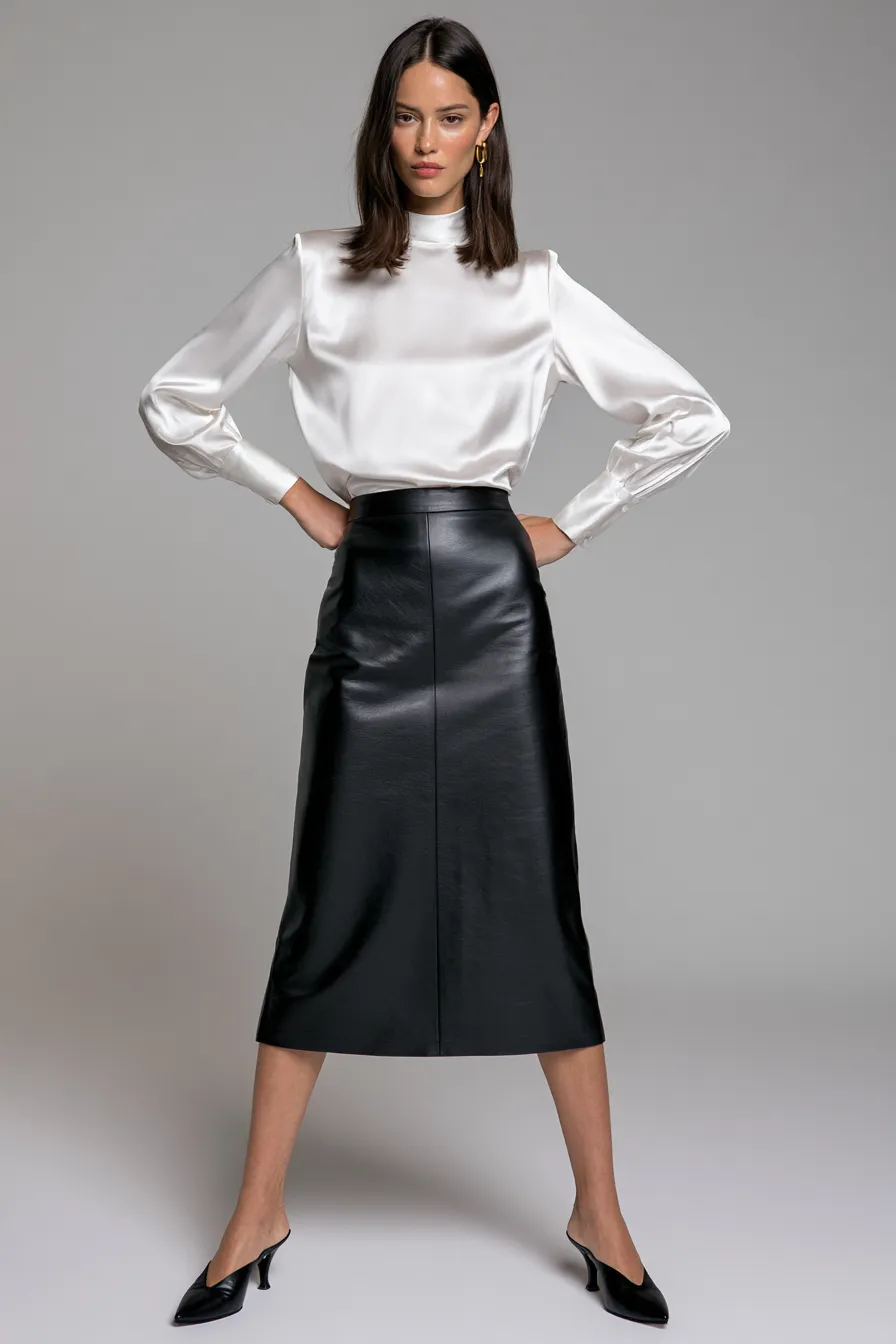 Leather skirt outfit ideas featuring a black midi leather skirt and tucked silk blouse