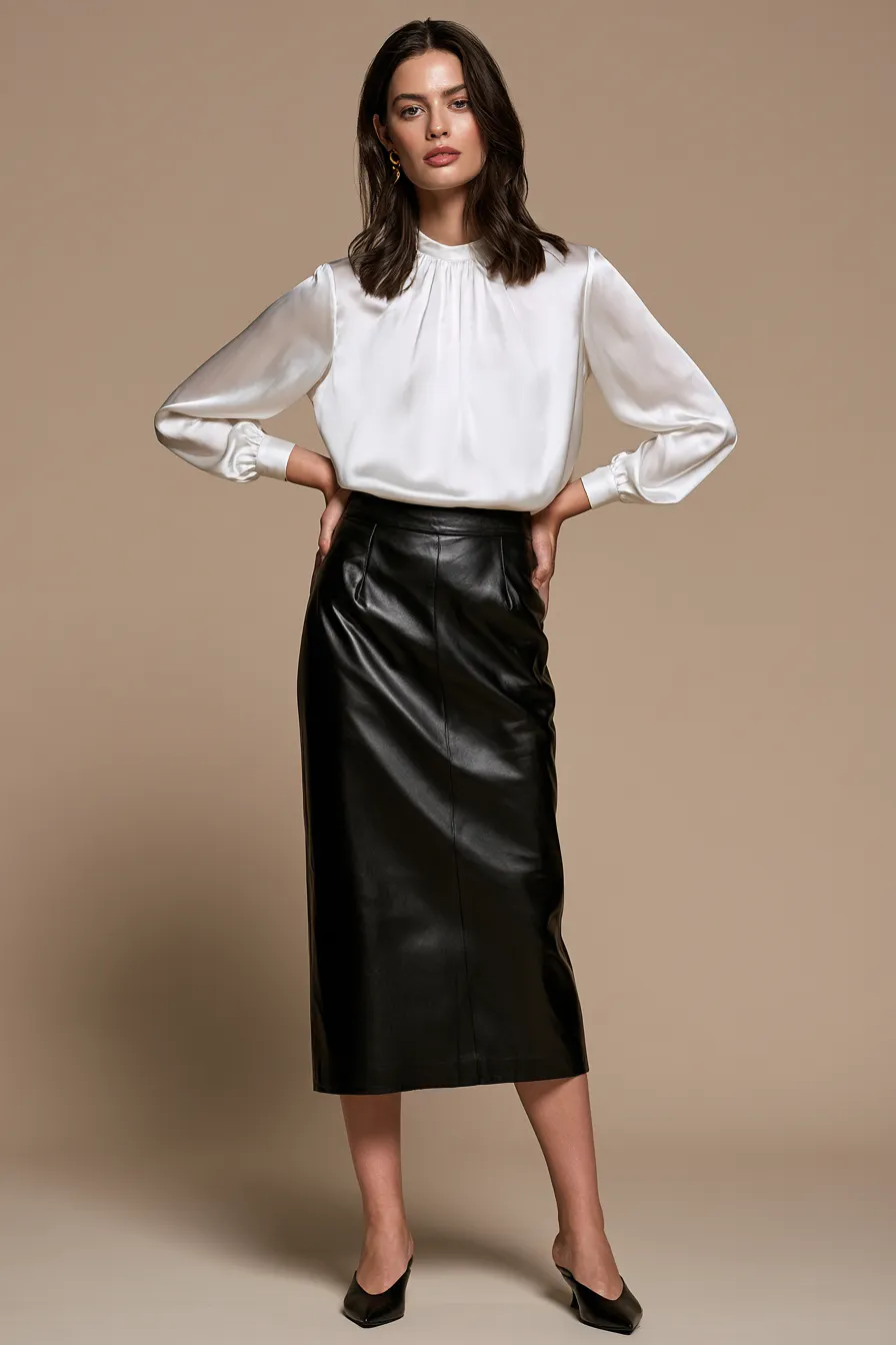 Best leather skirt outfit ideas for women — black midi with silk top and gold jewellery