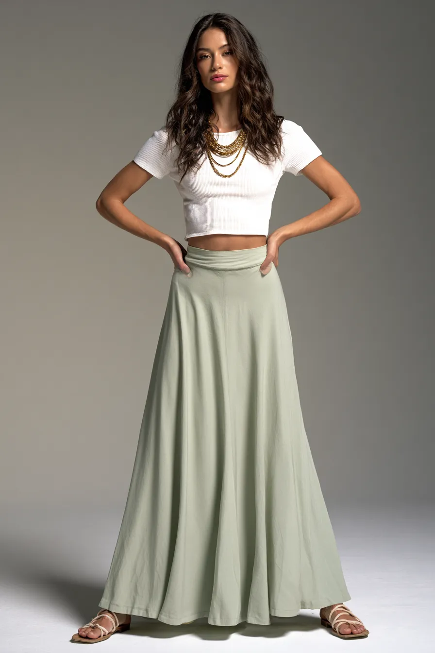 Maxi skirt outfit idea in sage green with white top and gold jewellery for summer