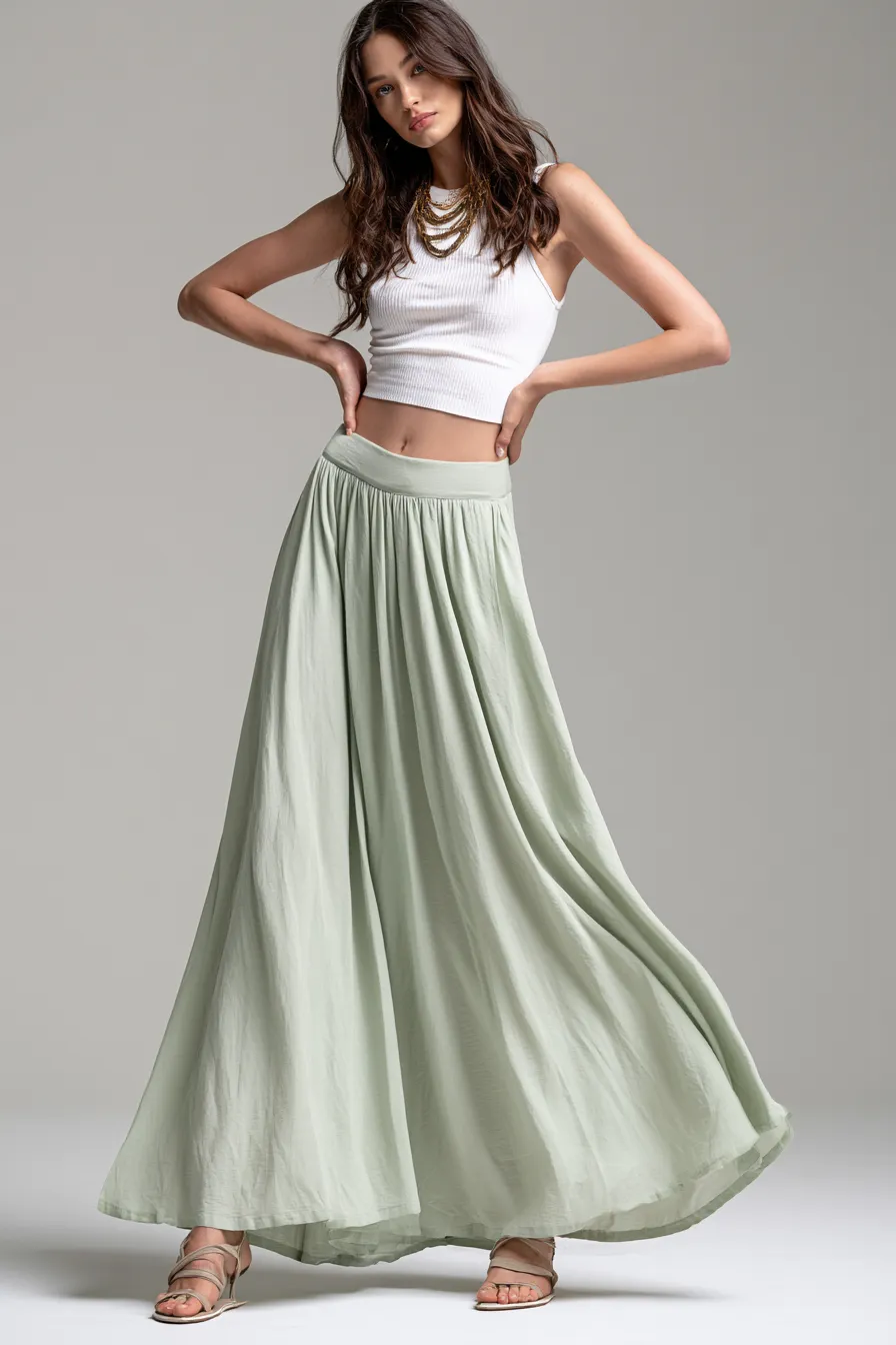 Sage green maxi skirt with fitted white crop top — casual maxi skirt outfit idea