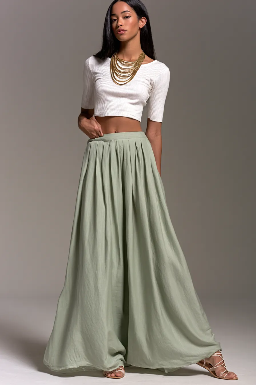 Flowing maxi skirt outfit ideas for women in sage and white with flat sandals