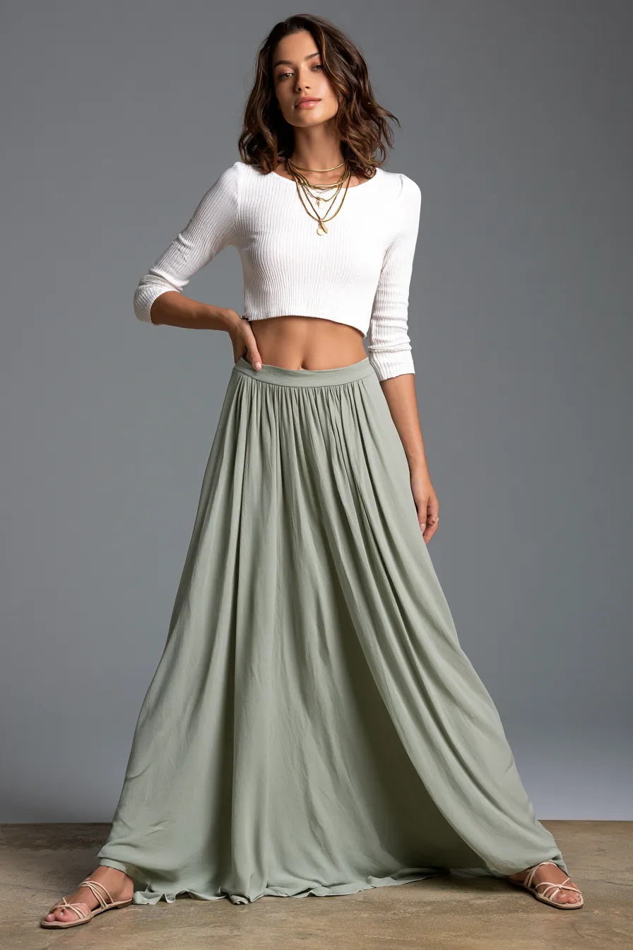 Best maxi skirt outfit ideas featuring a high-waisted green maxi and ribbed crop top