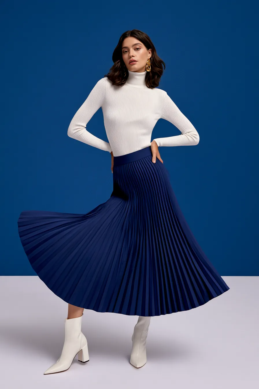 Midi skirt outfit ideas for autumn — cobalt pleated skirt with tucked turtleneck and boots