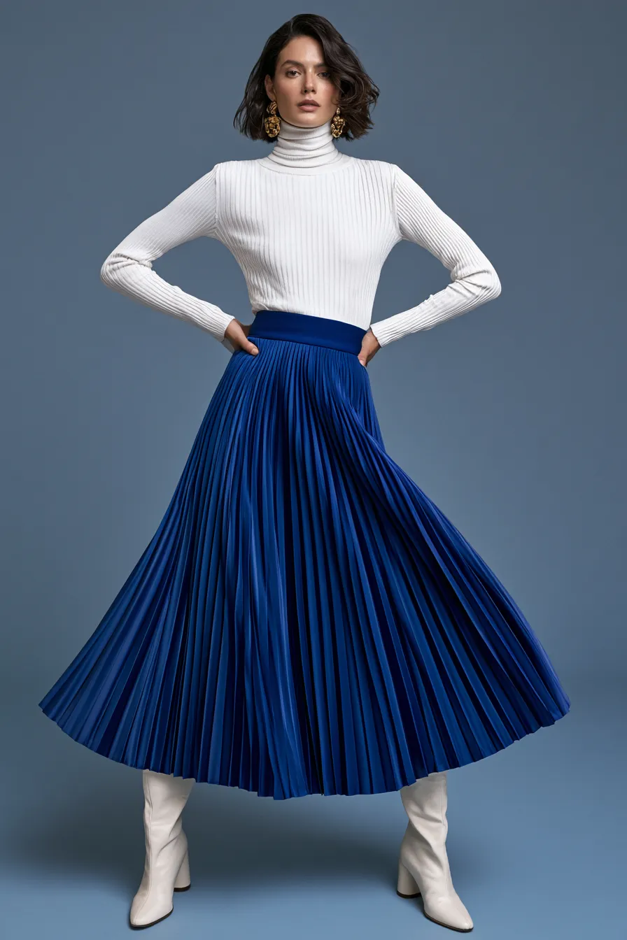 Pleated midi skirt outfit idea in deep blue with fitted turtleneck and block-heel boots