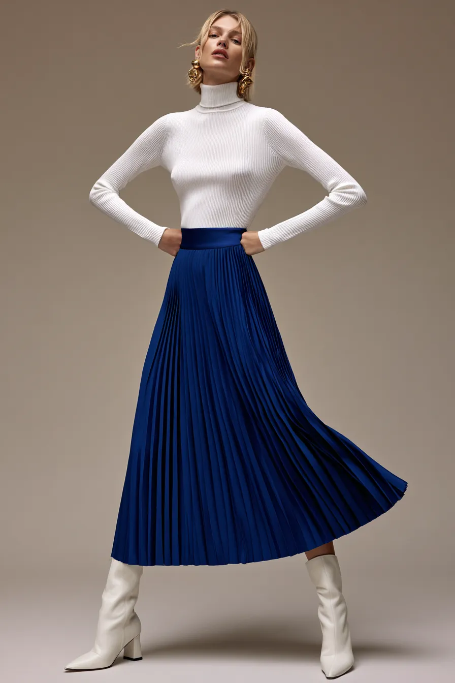 Best skirt outfit ideas for women featuring a pleated midi in cobalt with white knit