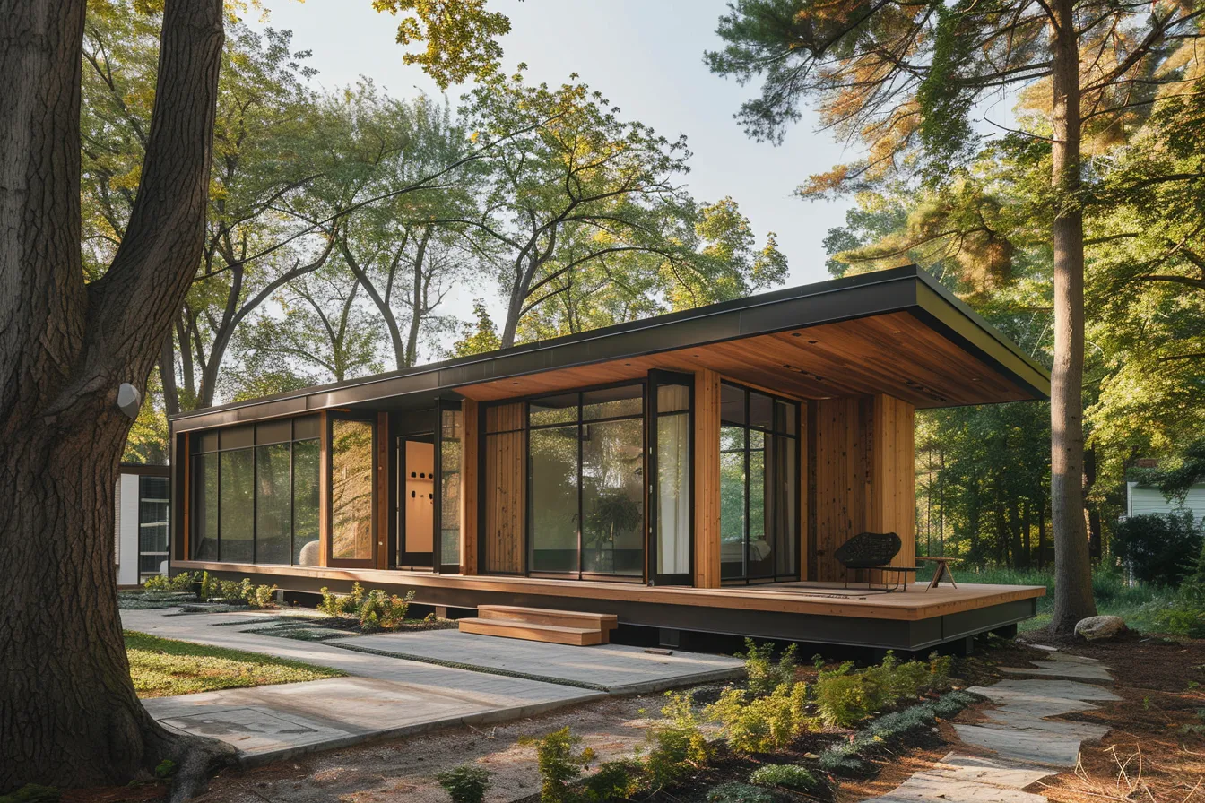 Compact small house design with wood facade and large windows in natural setting