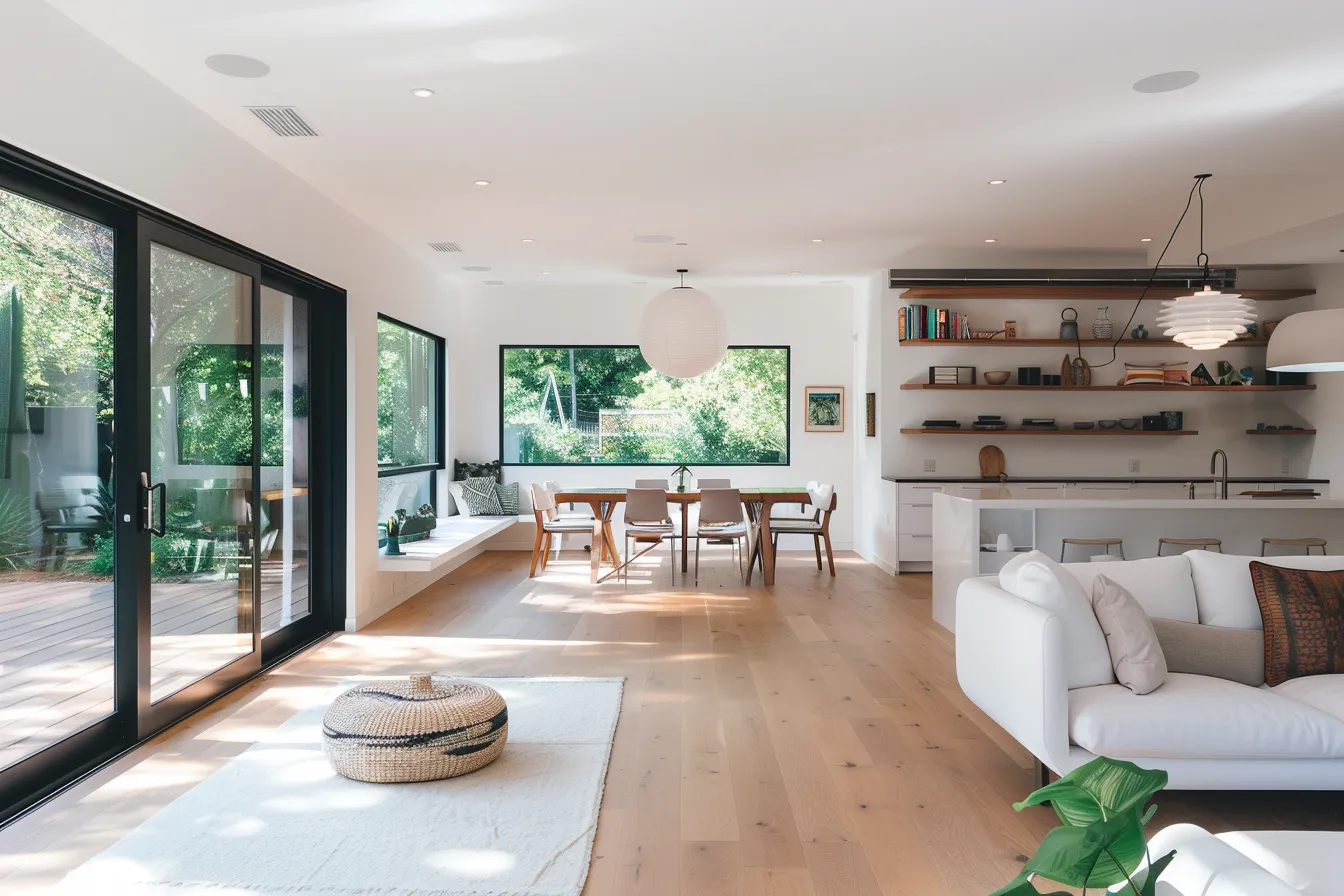 Small house open floor plan interior with white walls and oak floors