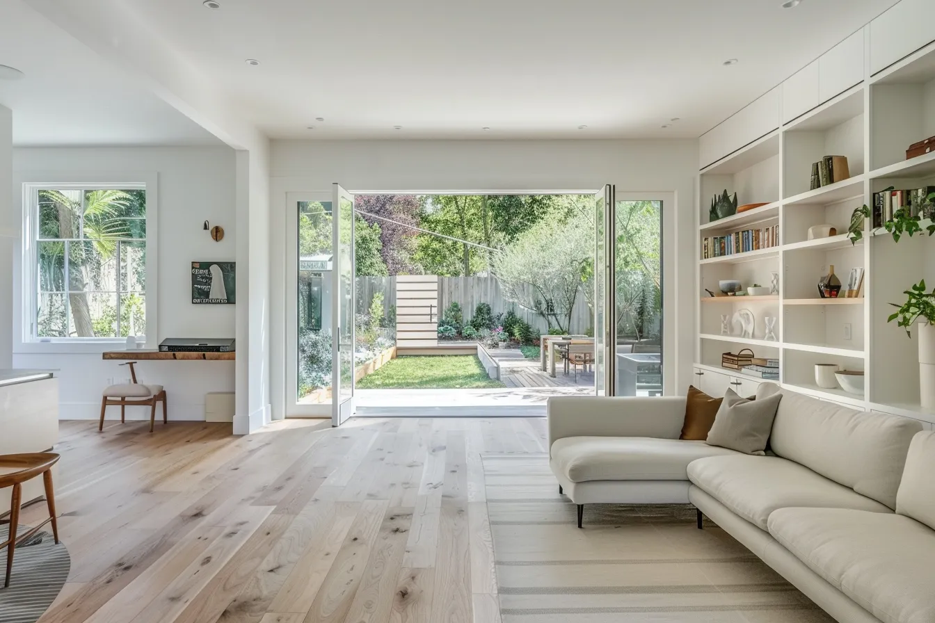 Compact home layout with built-in shelving and garden views