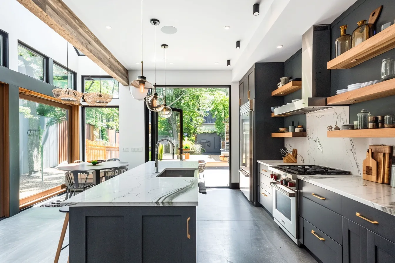 Tiny house kitchen layout with functional island and modern fixtures