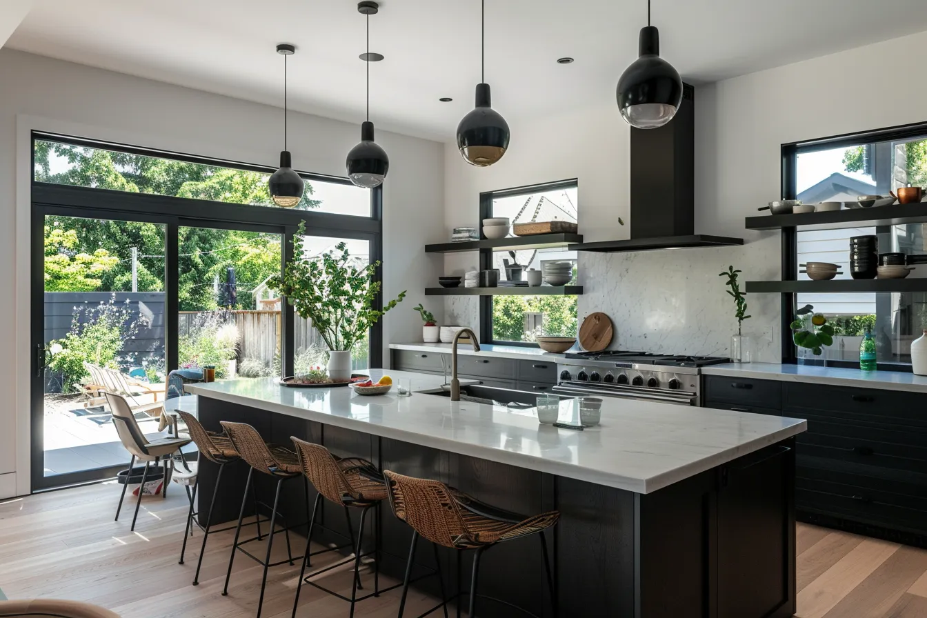Small house kitchen design with built-in island and matte black cabinetry