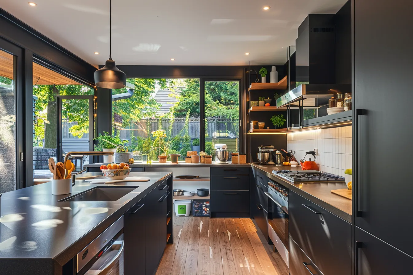 Compact kitchen in a small home with pendant lights and open shelving