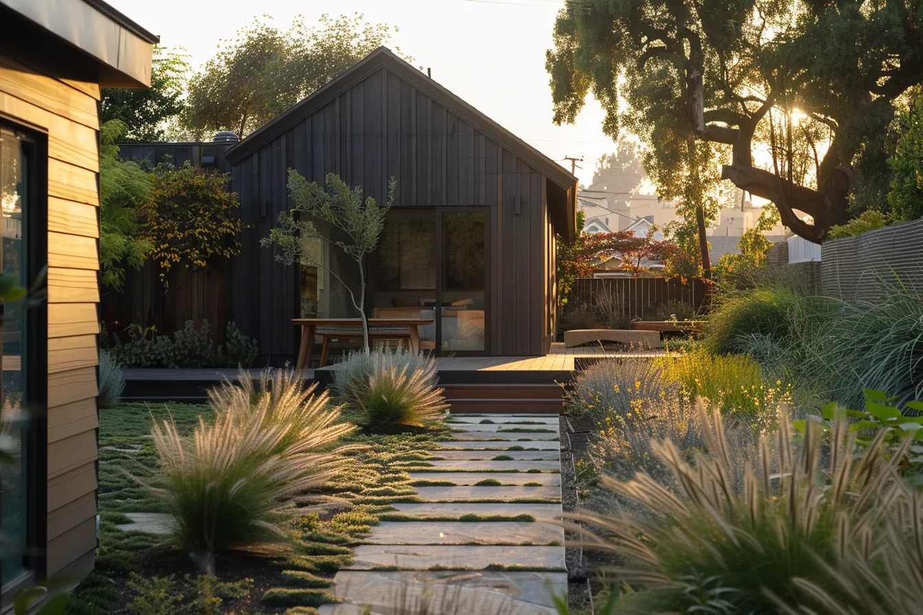 Small house architecture with colorful exterior paint and garden path