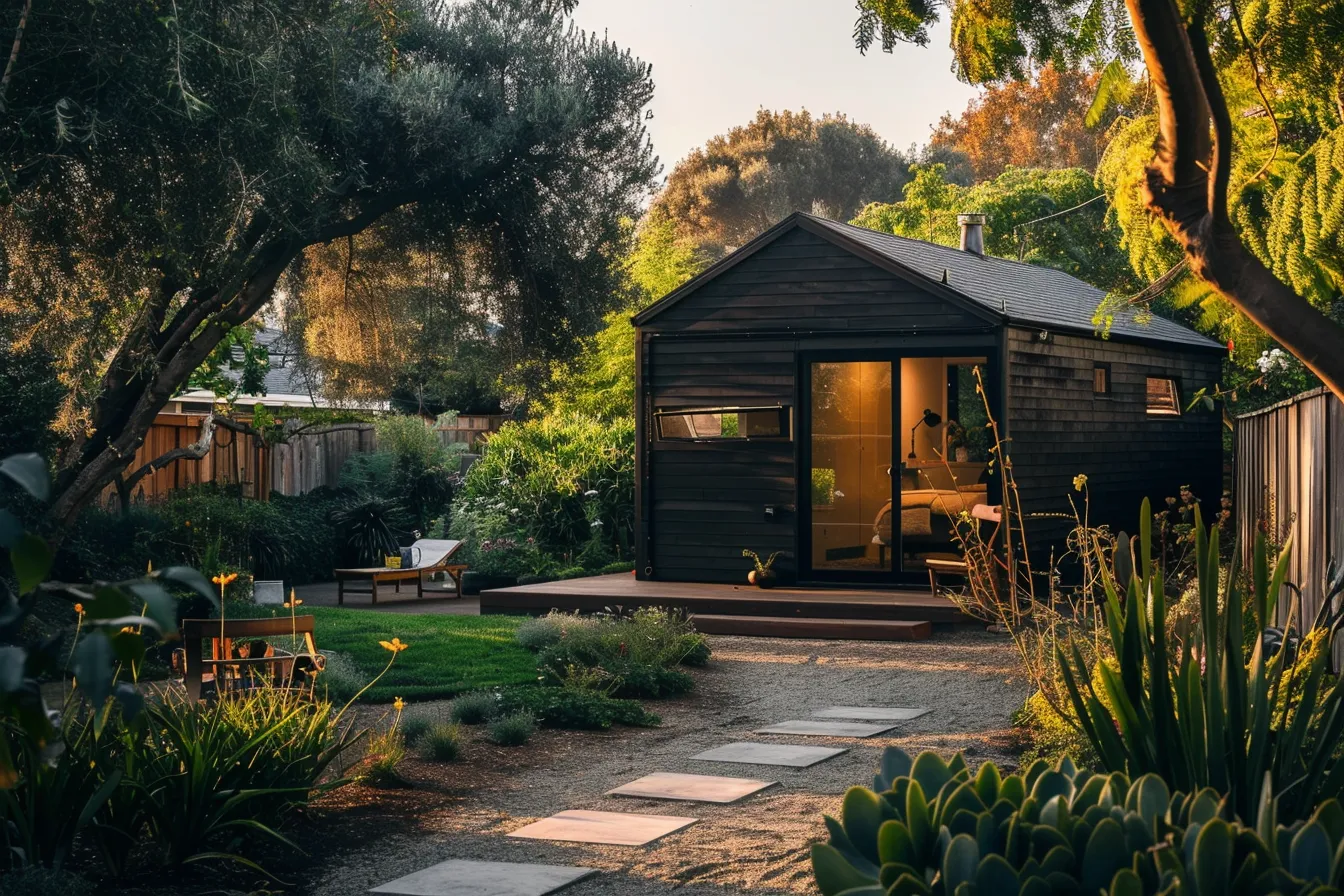 Small house exterior with dark shed roof and wood cladding at golden hour