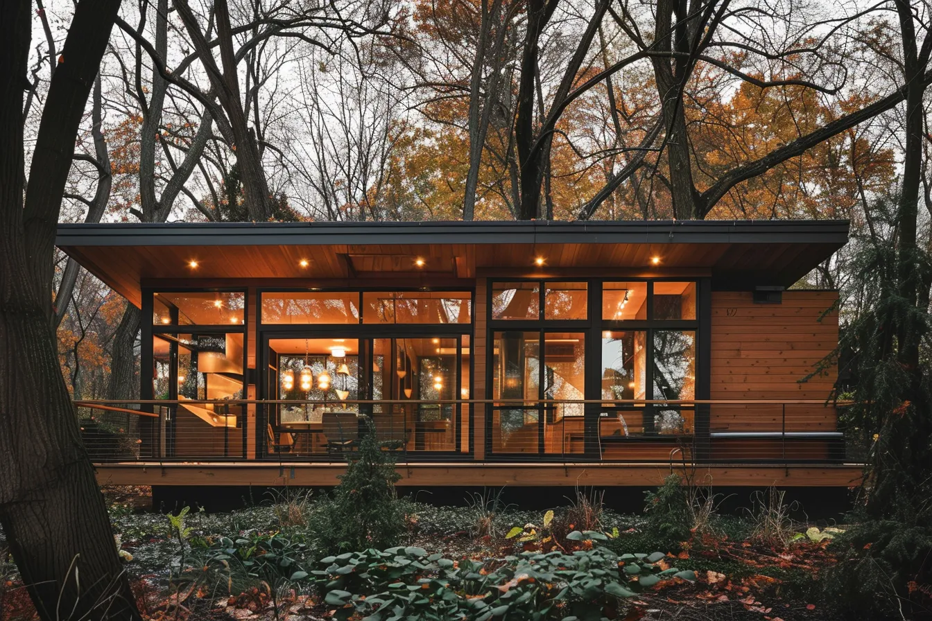 Modern tiny house exterior design with minimalist porch and warm lighting