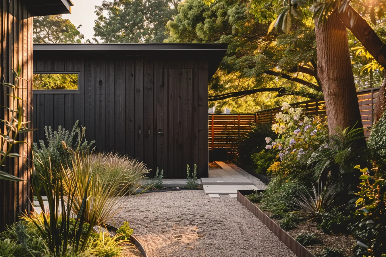 Tiny house exterior with stone facade and panoramic windows in natural light