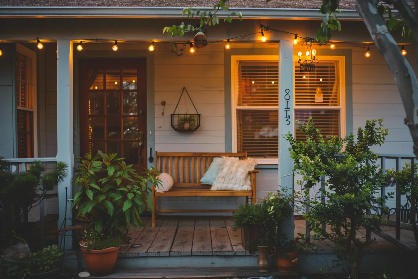 Small house front porch design with minimalist furniture and potted plants
