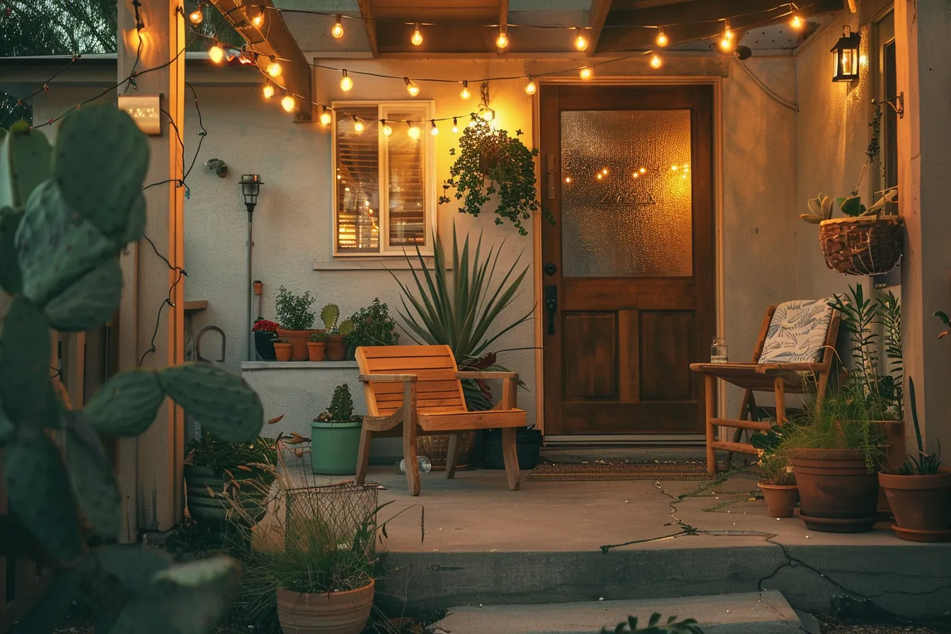 Compact home entryway porch with string lights and painted front door