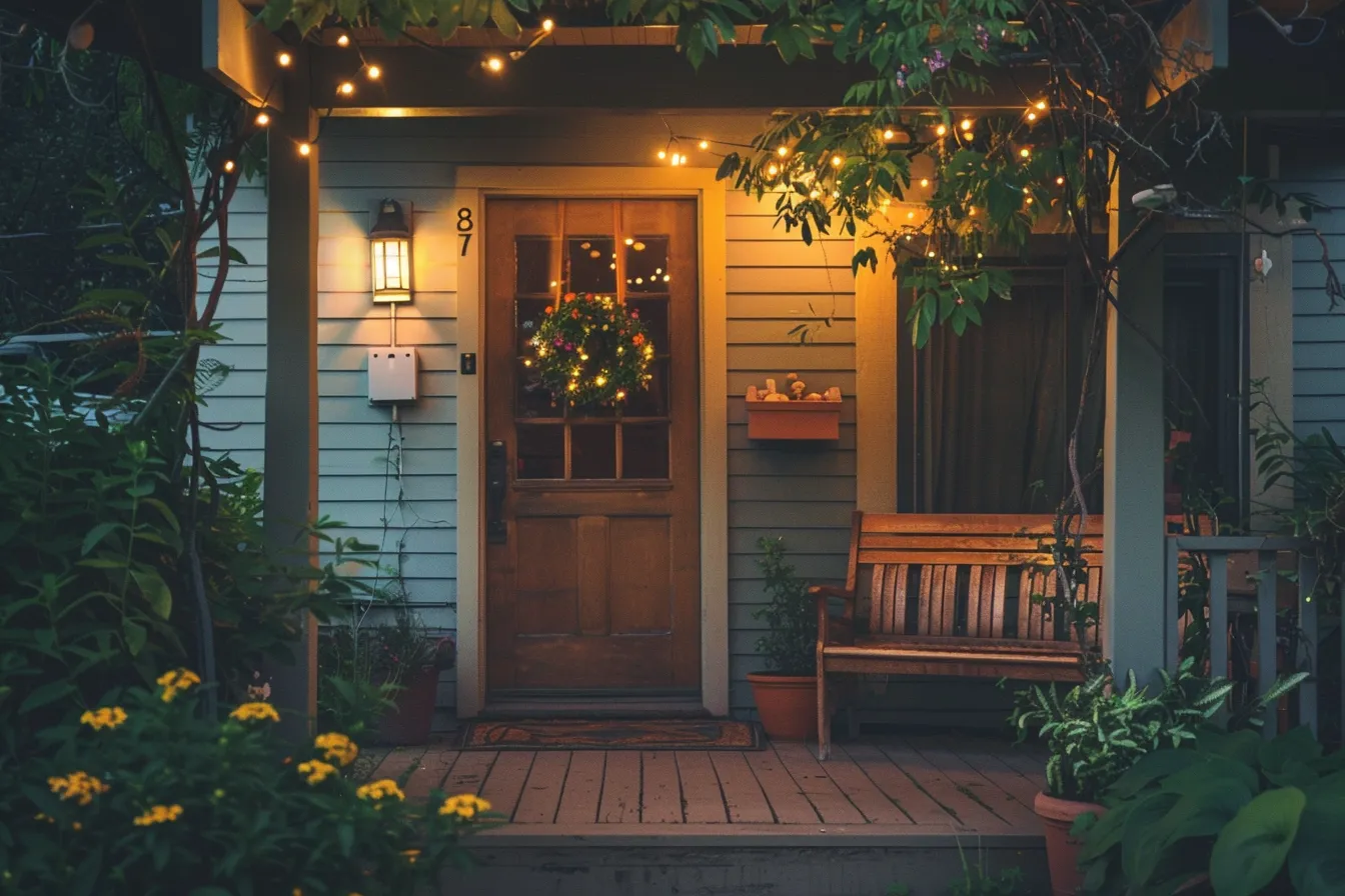 Tiny house exterior porch area with warm evening lighting and wood accents