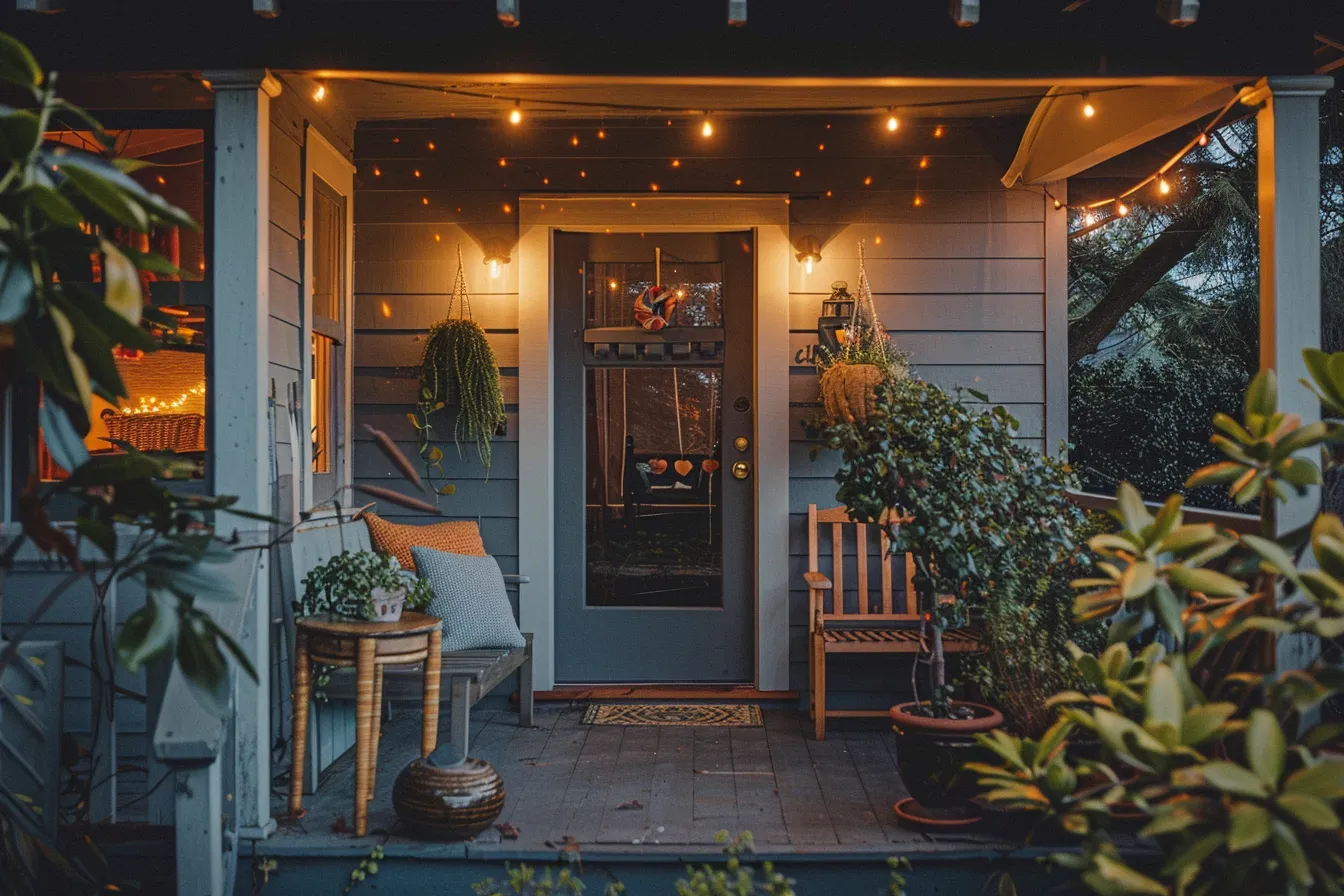 Small home outdoor porch design with minimal decor and green plants