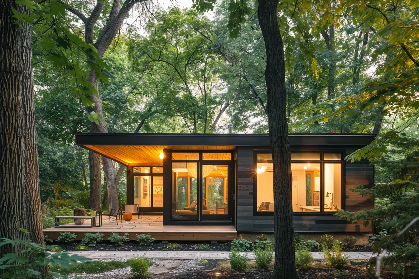 Small home design ideas with natural wood cladding and panoramic windows