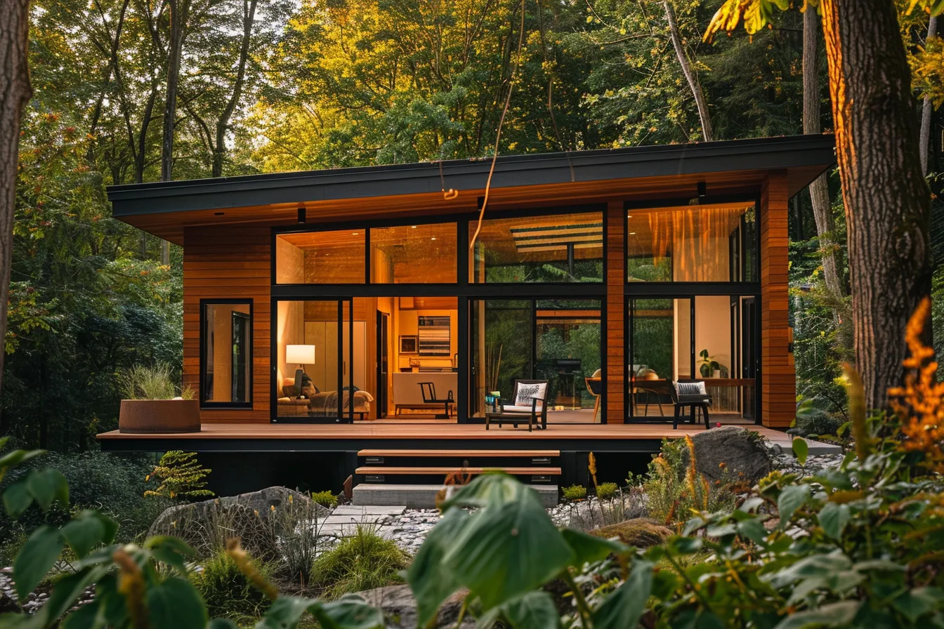Architectural view of a small house with clean lines and forest surroundings