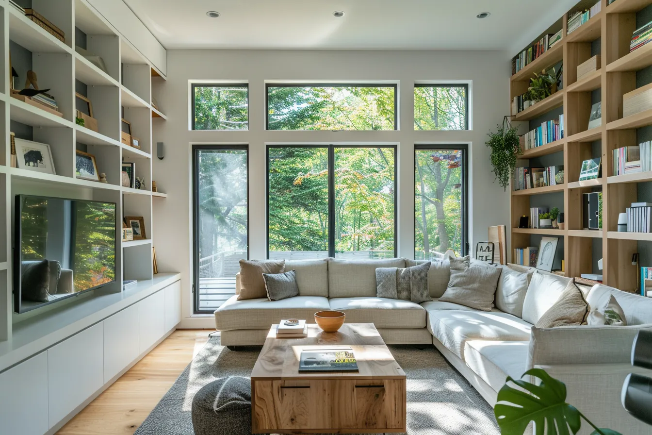 Small house living room with built-in shelving and modular sofa in Scandinavian style