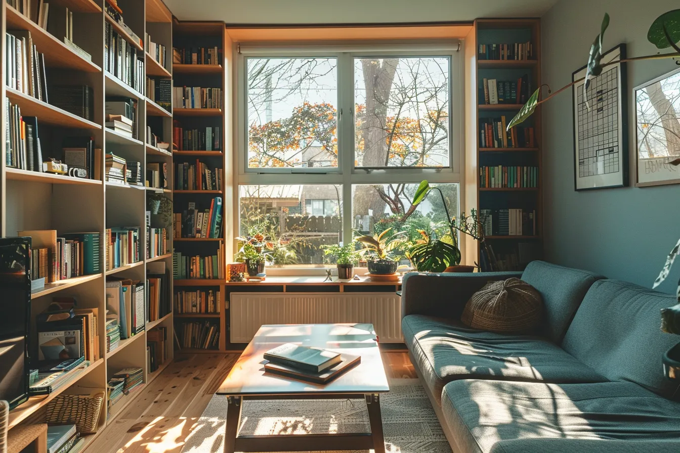 Compact home interior furniture ideas with floor-to-ceiling storage and natural light