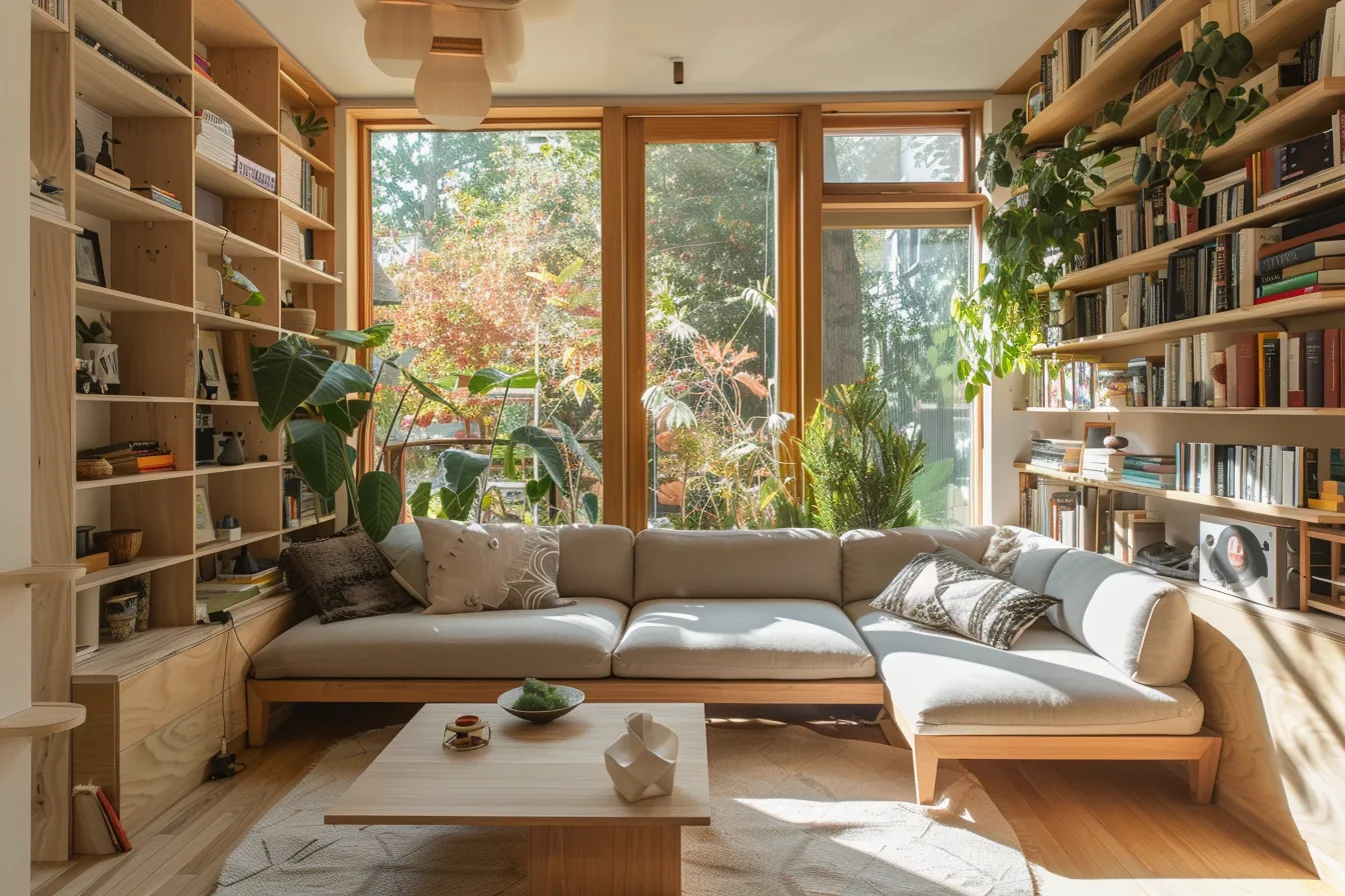 Space-saving furniture design in a small house living room with wood accents