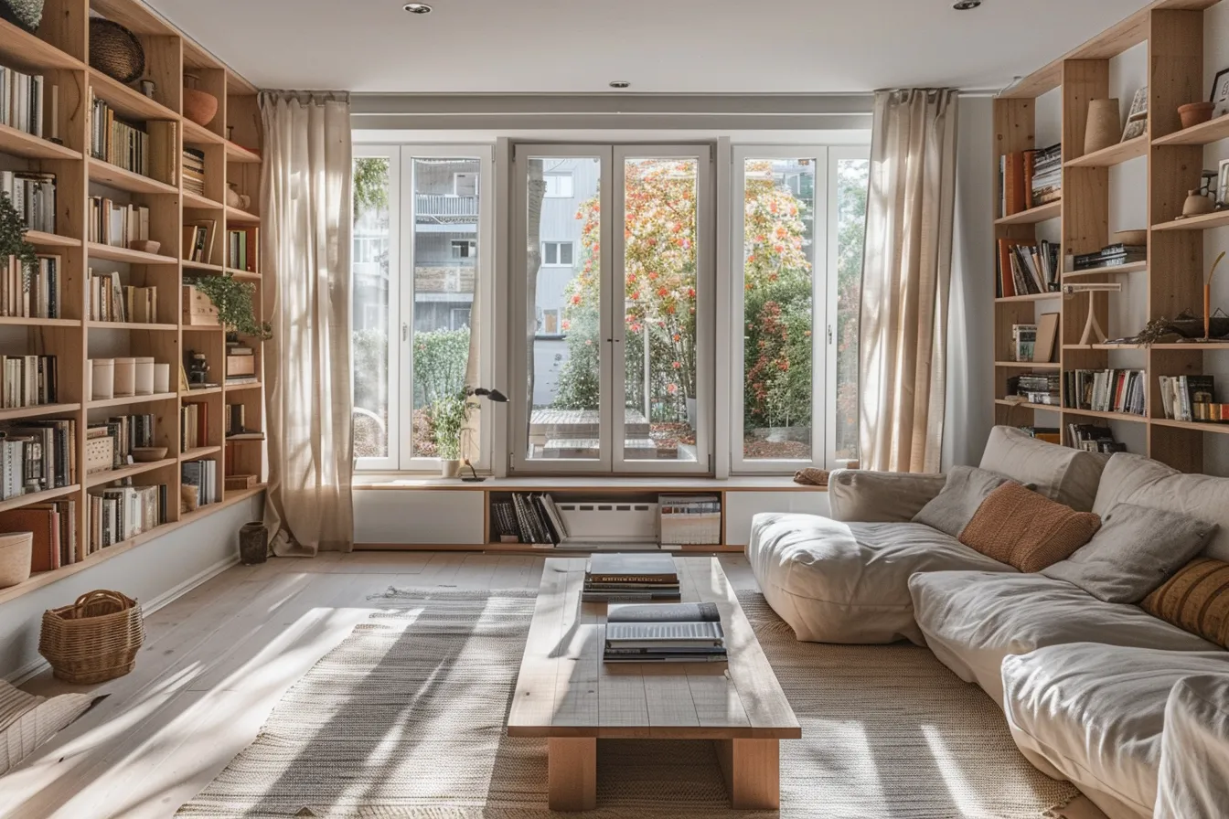 Minimalist small home interior with multifunctional furniture and large window