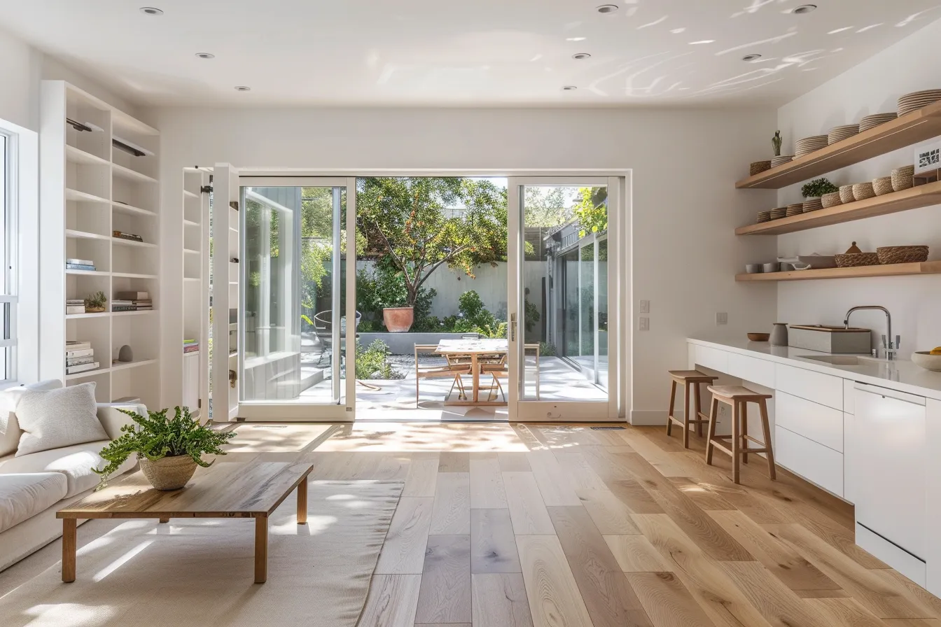 Interior of a small one-story house with sliding glass doors and natural light