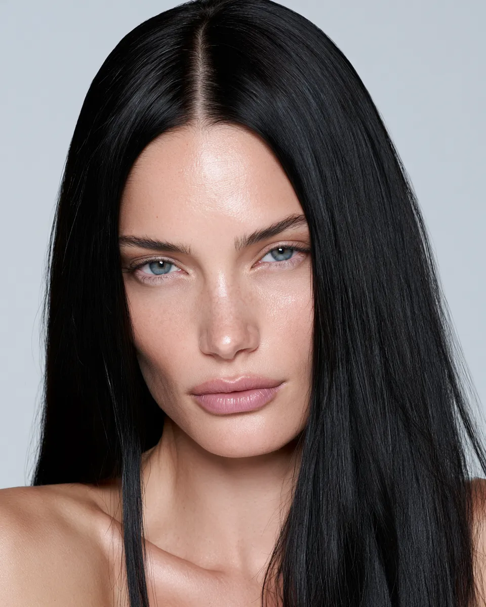Editorial beauty photo showcasing glossy straight hair looks with impeccable finish and visible face