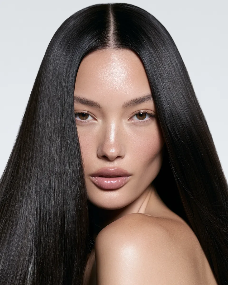 Woman with straight hairstyles featuring high-gloss finish and sleek surface in editorial setting