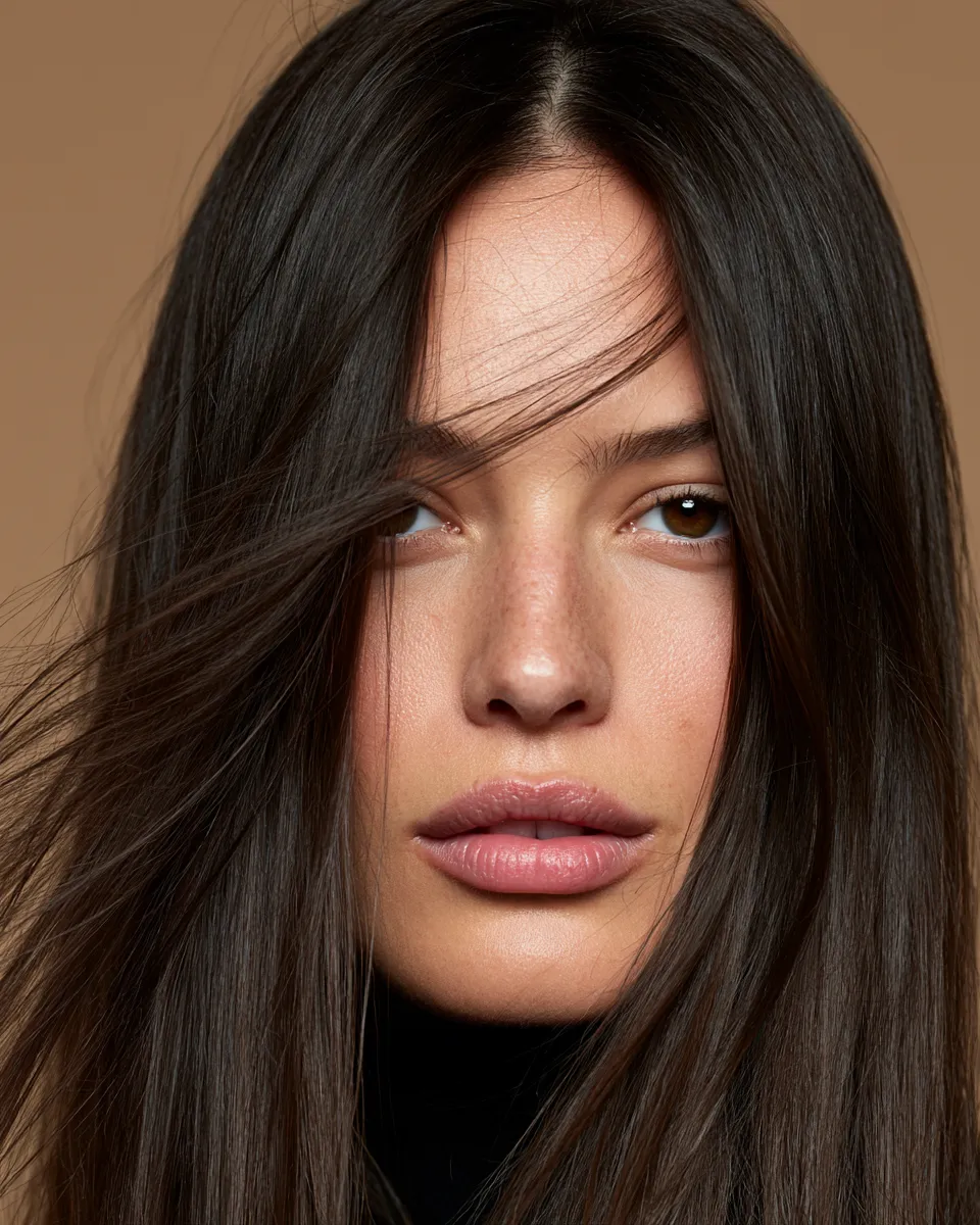 Photorealistic close-up of a model with straight hair looks styled for everyday elegance