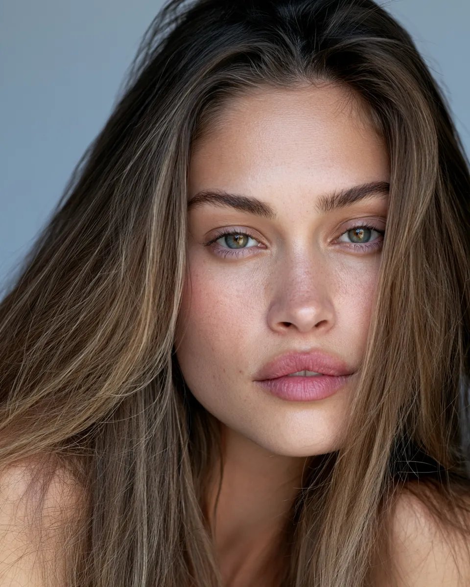 Editorial photo of woman wearing low maintenance straight hairstyle with clean finish and radiant face