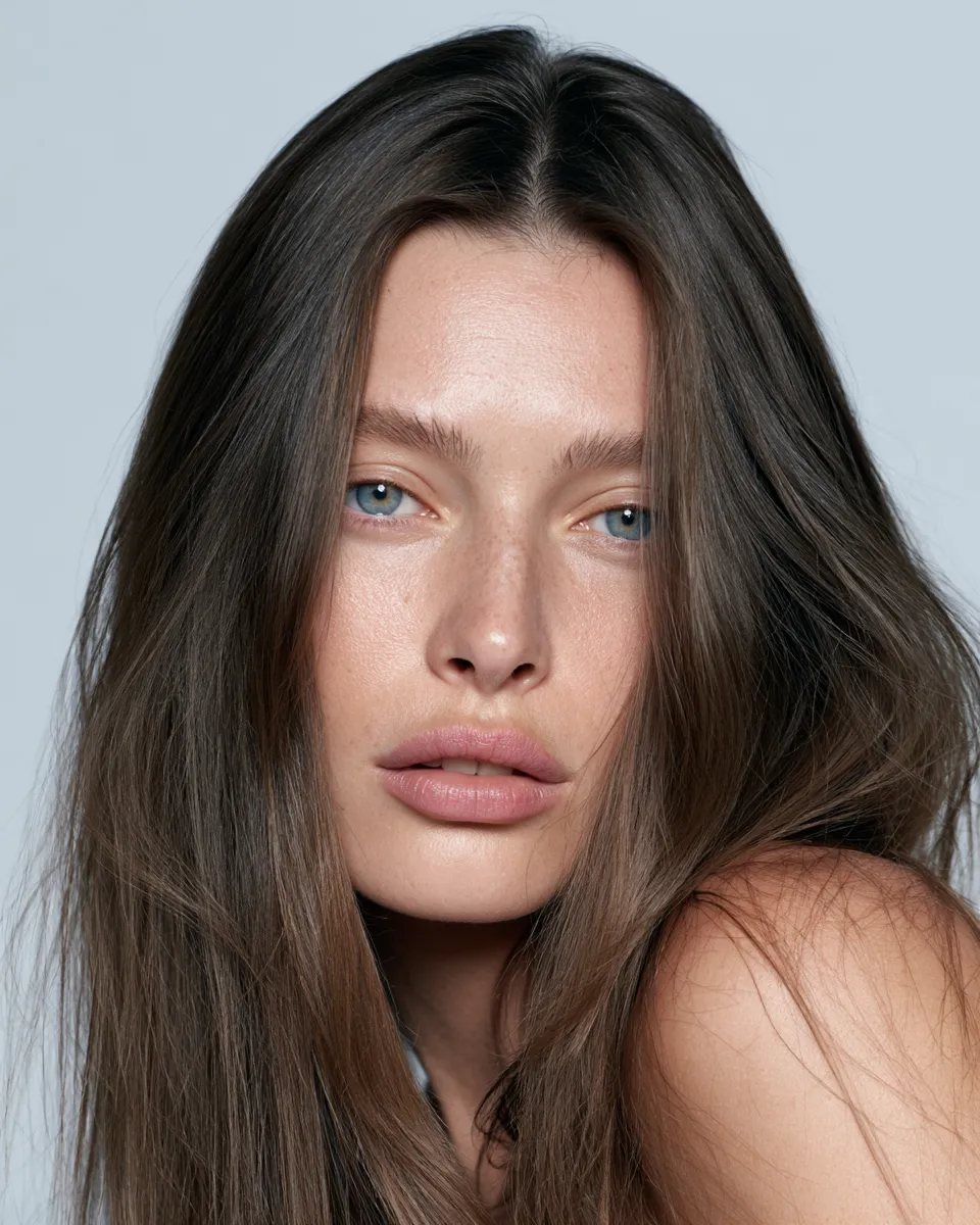 Woman with natural straight hairstyles and healthy movement, soft warm lighting in fashion editorial portrait