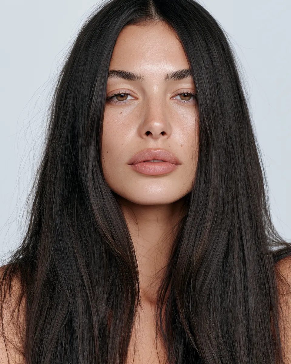 Beauty portrait showing effortless straight hair hairstyle with visible face and natural texture detail