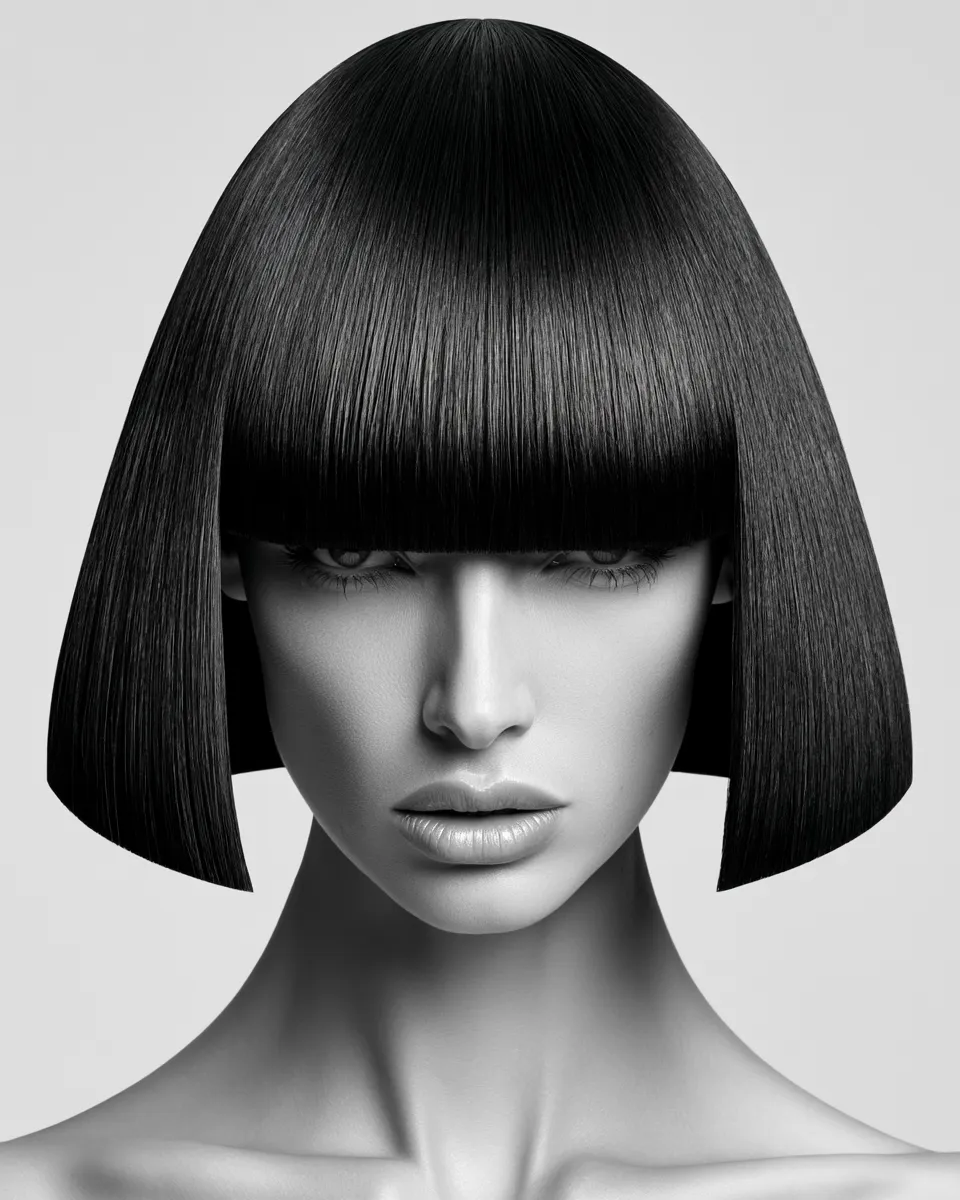Beauty editorial portrait of model with textured straight hair hairstyle and V-cut shape, face visible