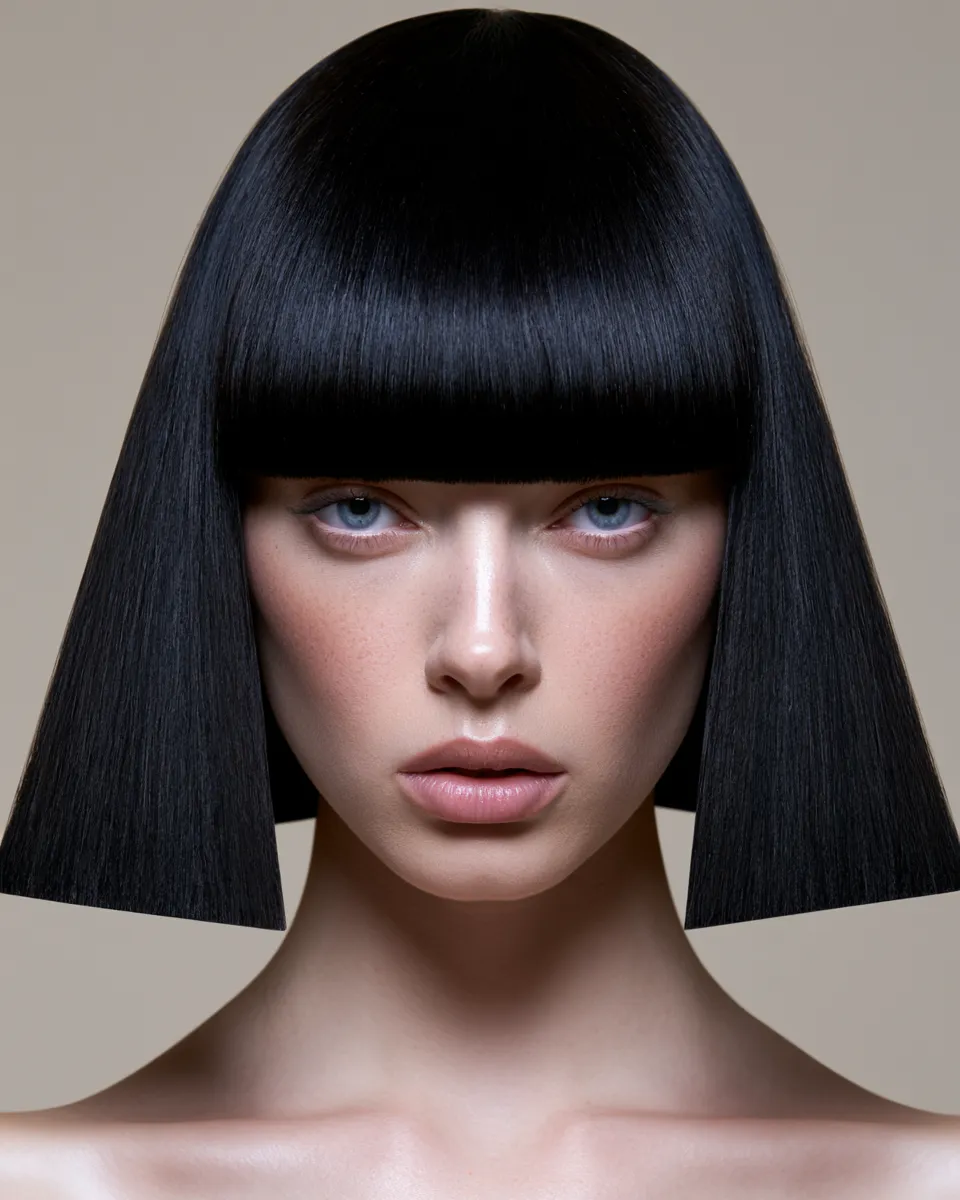 Close-up of sleek straight hair look with precise blunt cut and strong geometric silhouette