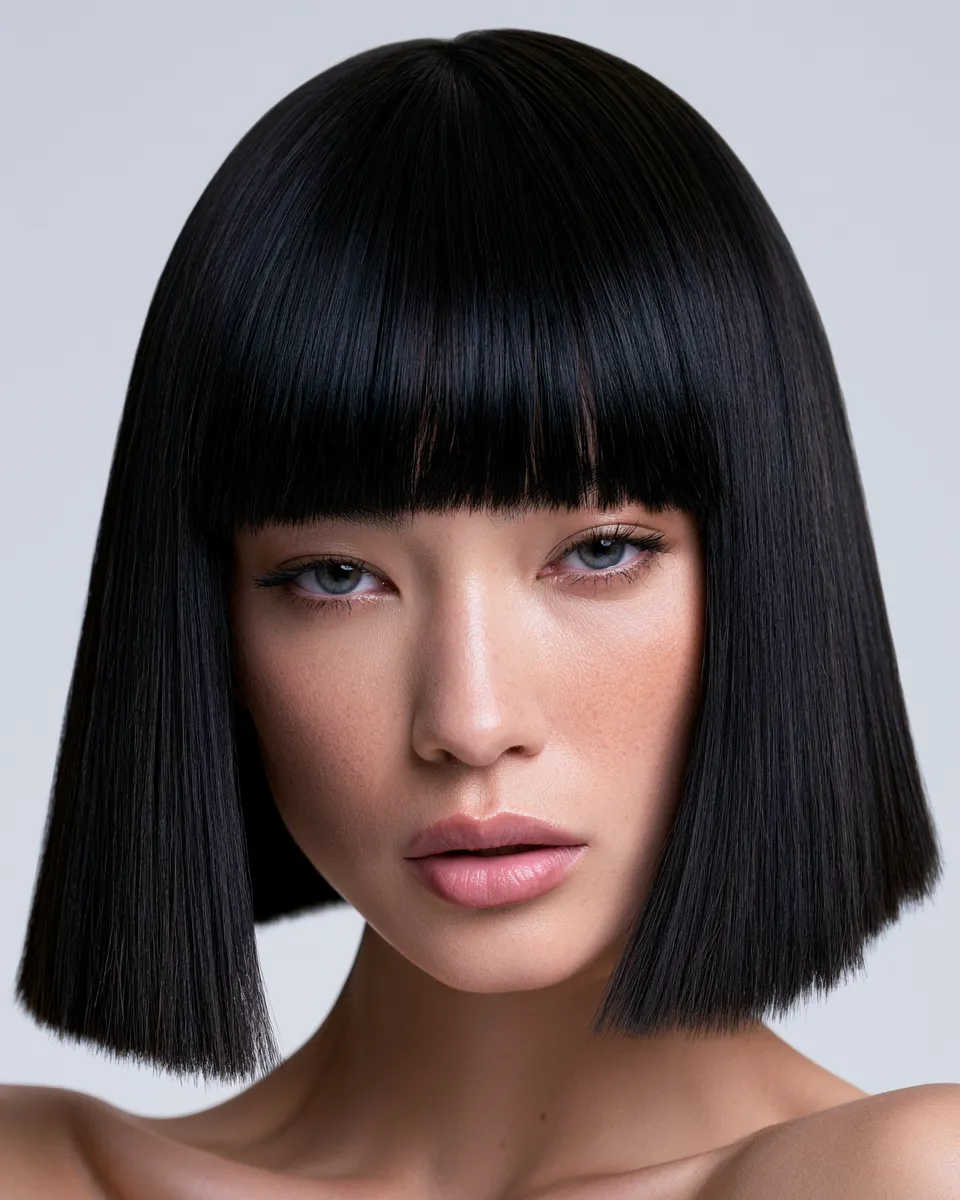Close-up portrait showing polished straight hair hairstyles with mirror-like shine and soft studio lighting