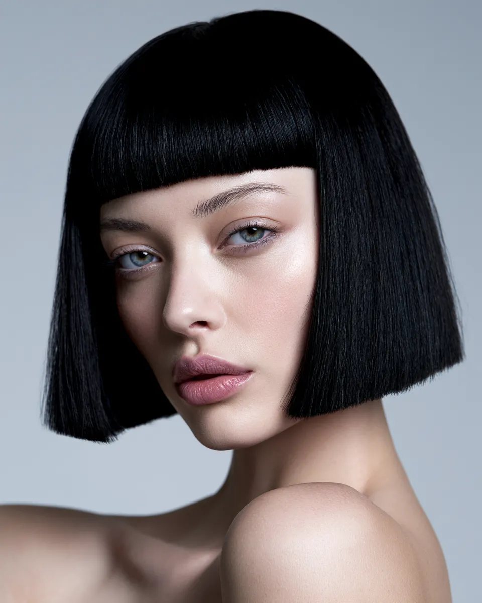 Photorealistic portrait featuring structured straight hairstyle with bangs, high fashion editorial aesthetic