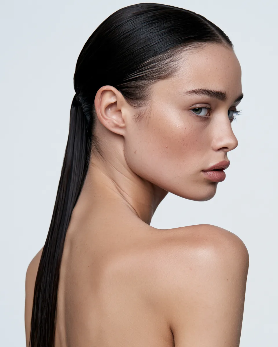 Photorealistic portrait of a woman with straight back hair looks, minimalist makeup and visible face