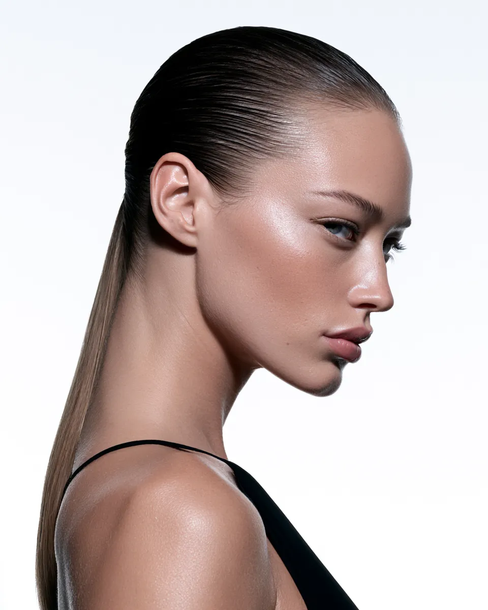 Woman with straight back hairstyle showing clean face framing and polished structure, editorial portrait