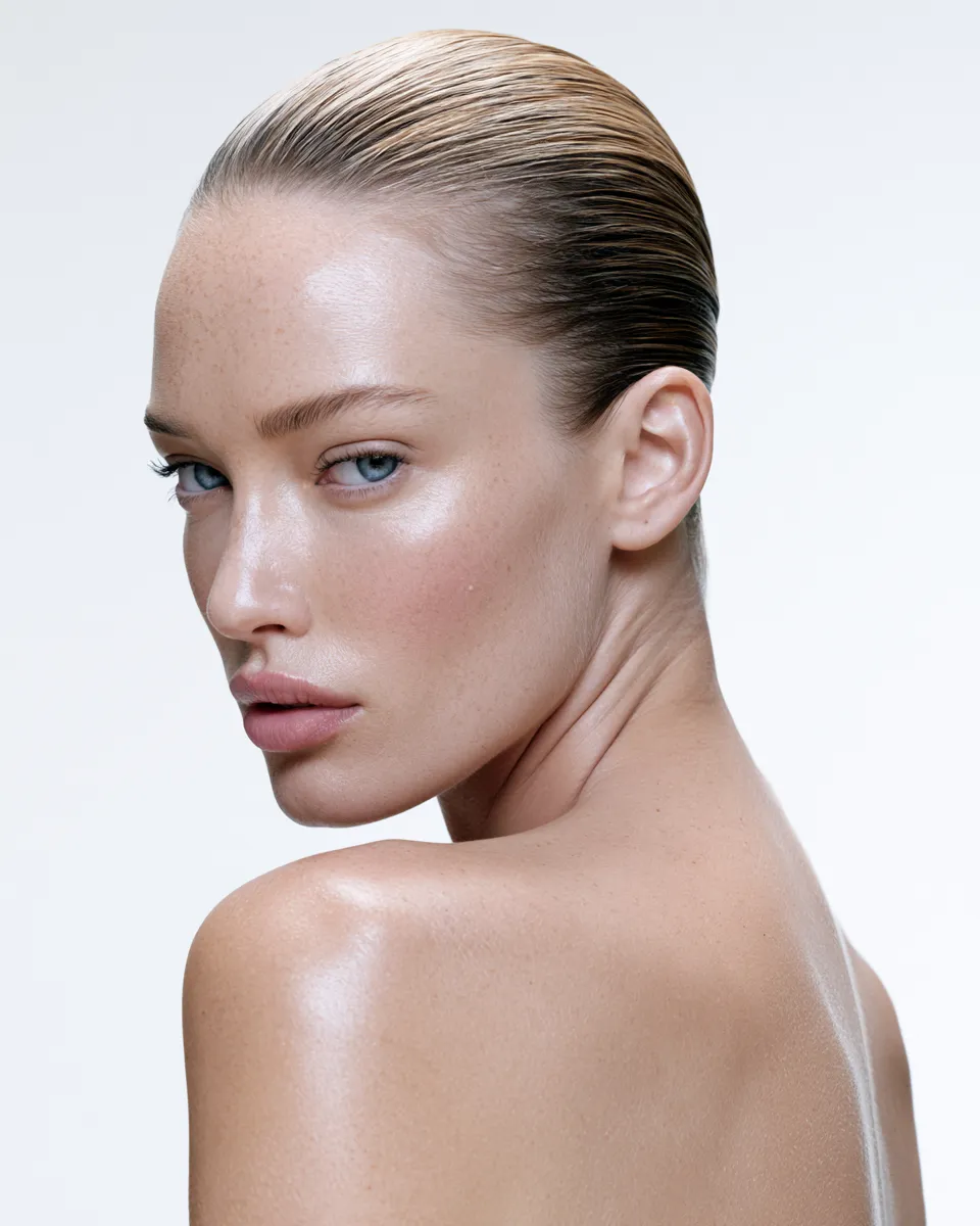 Model wearing slicked back straight hairstyles with face fully exposed and sharp facial structure visible