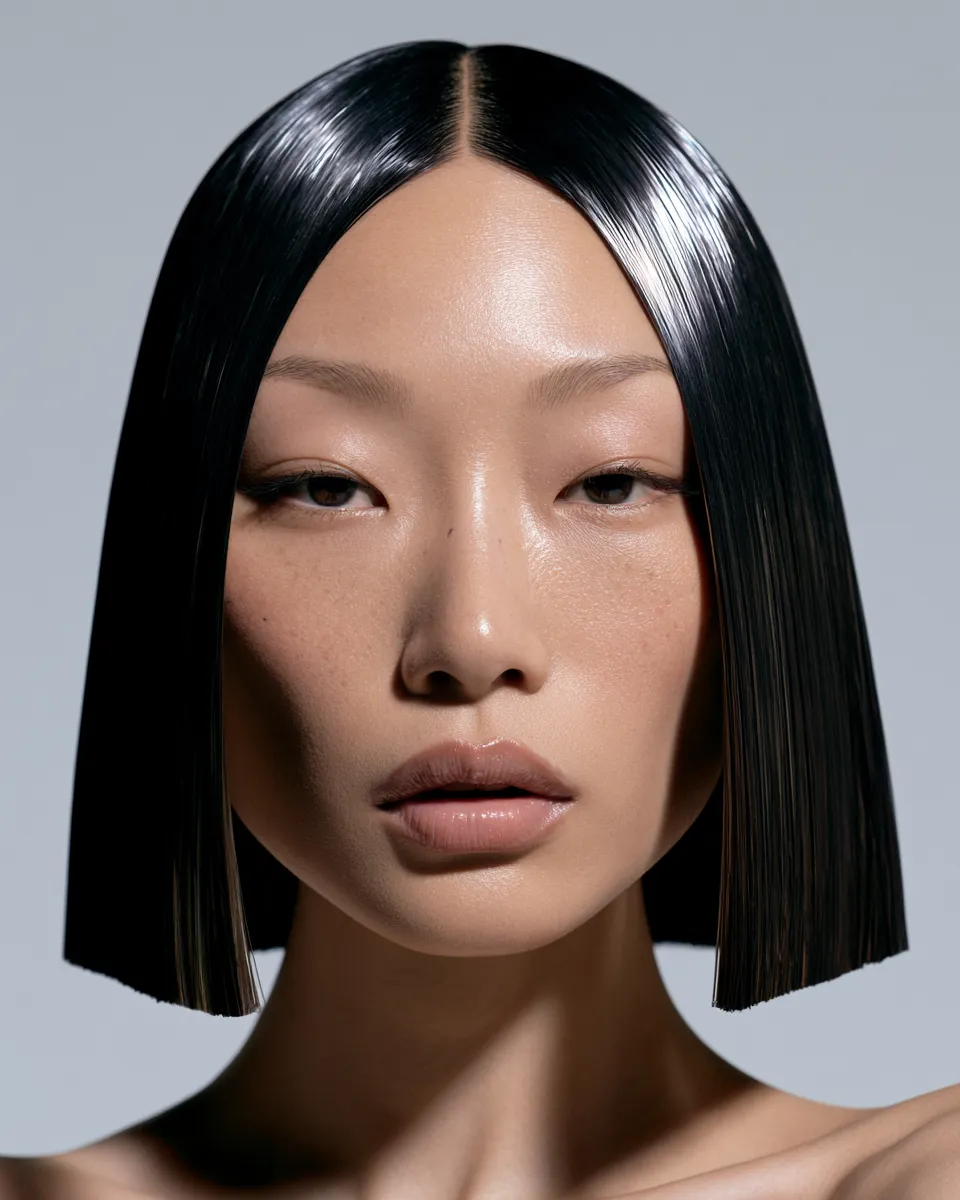 Beauty portrait of woman with sophisticated straight hair looks, clean lines and luminous finish