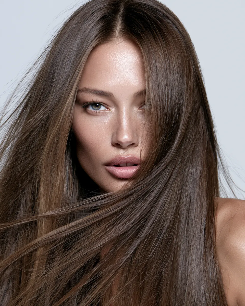 Woman with sleek straight hairstyle for long hair, platinum shade, fashion editorial style