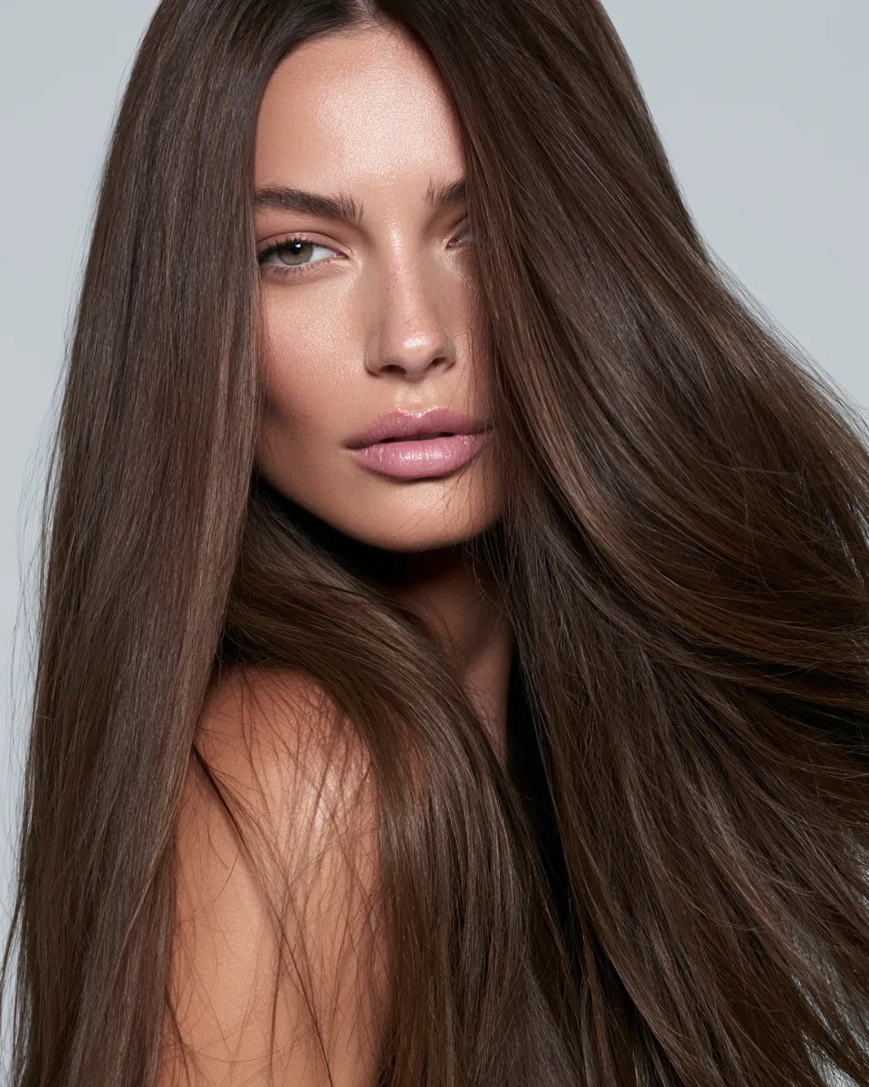 Photorealistic portrait of long straight hair hairstyle with mirror finish and visible face
