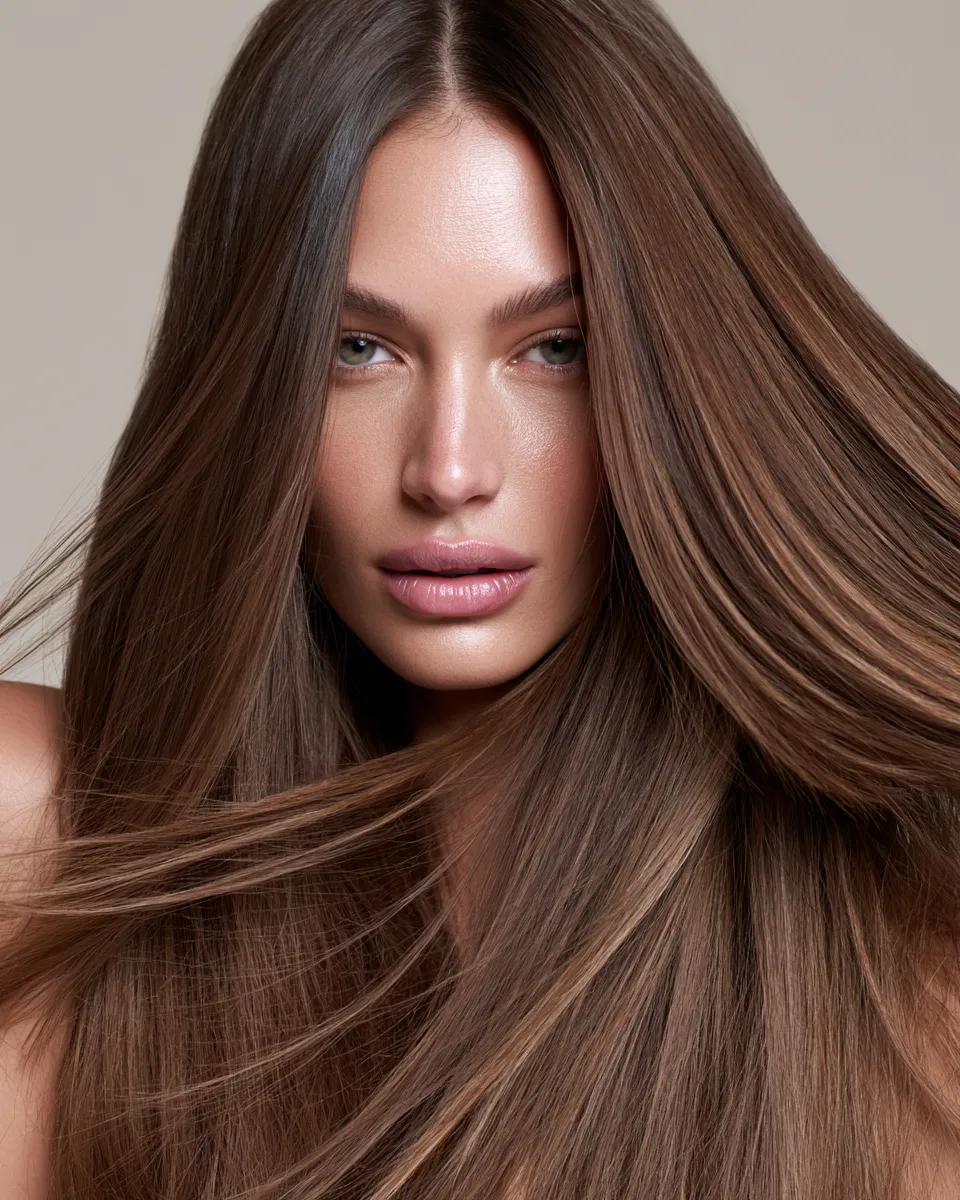 Model with long straight hairstyles in deep black, face prominently featured in editorial lighting