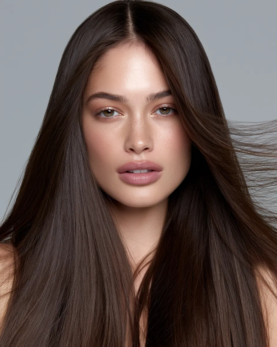 Beauty portrait showing long straight hair looks with movement and rich warm auburn tones