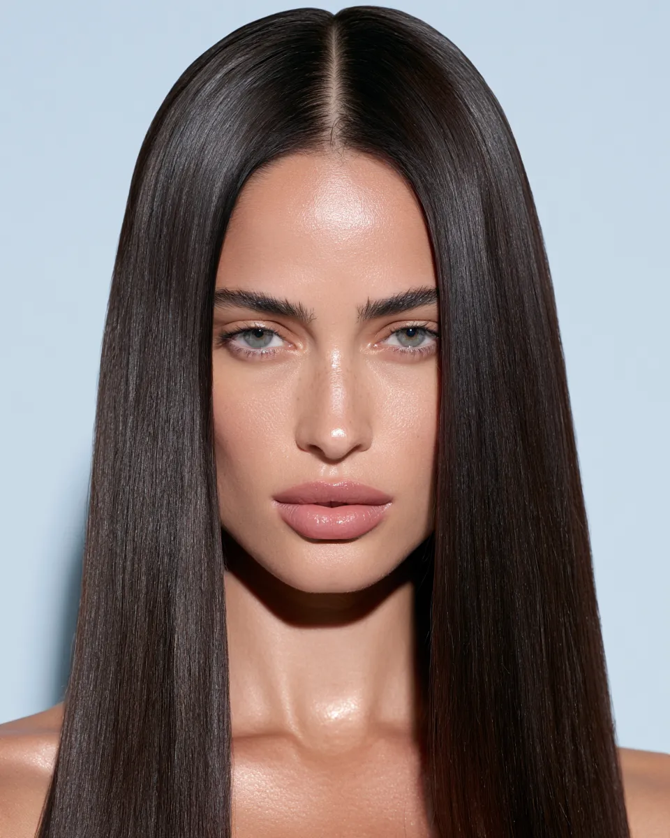 Photorealistic portrait showing trendy straight hair hairstyles with laminated shine and smooth texture