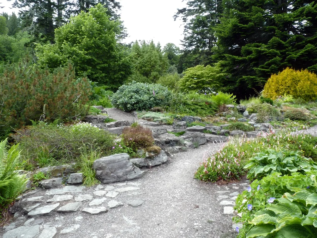 Multi-colored gravel garden pathway installation showing drainage and compaction layers